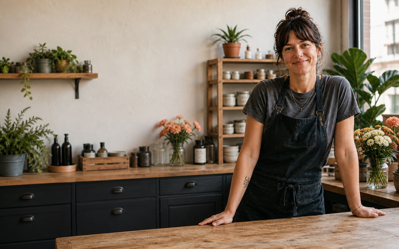 Local business owner standing behind the counter in her studio