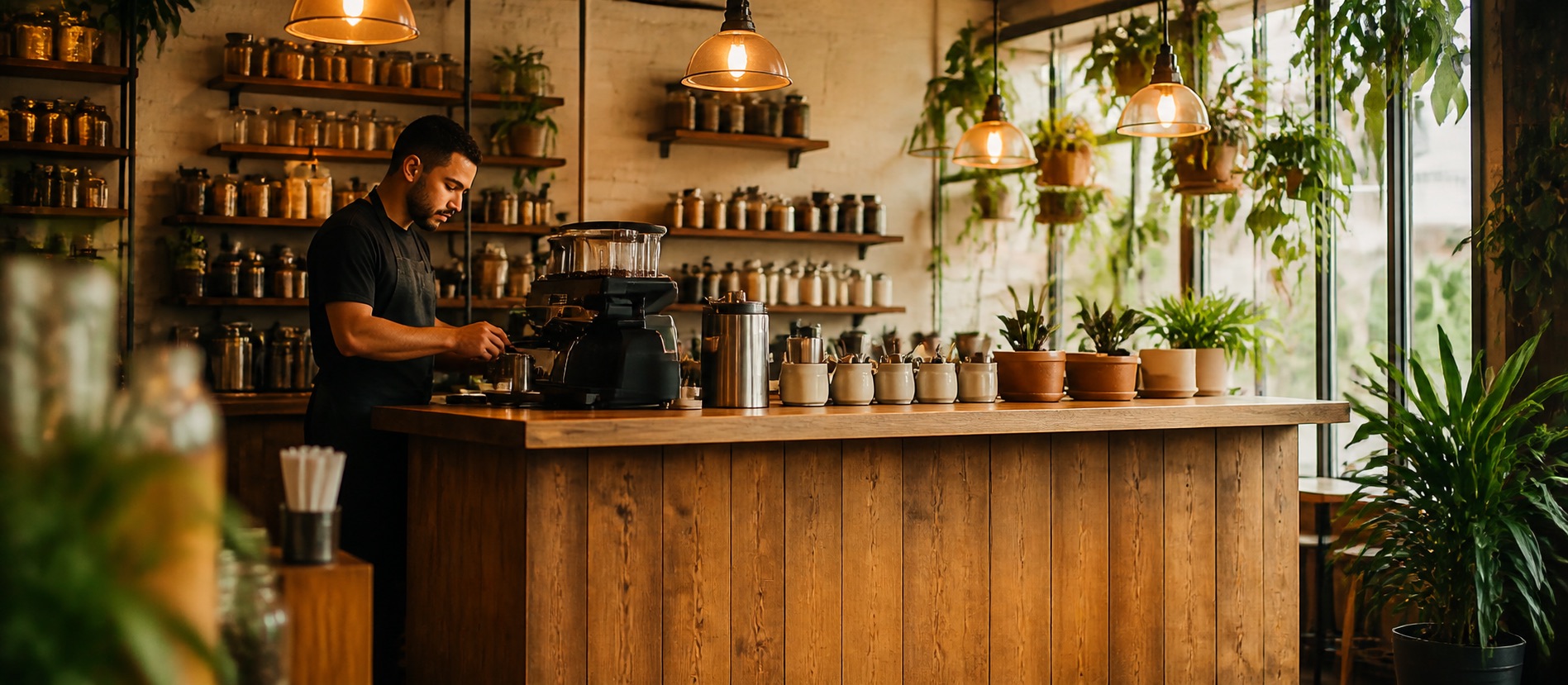 Warm, active coffee shop interior